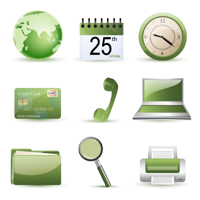 green icons: globe, calendar, clock, debt card, phone, laptop